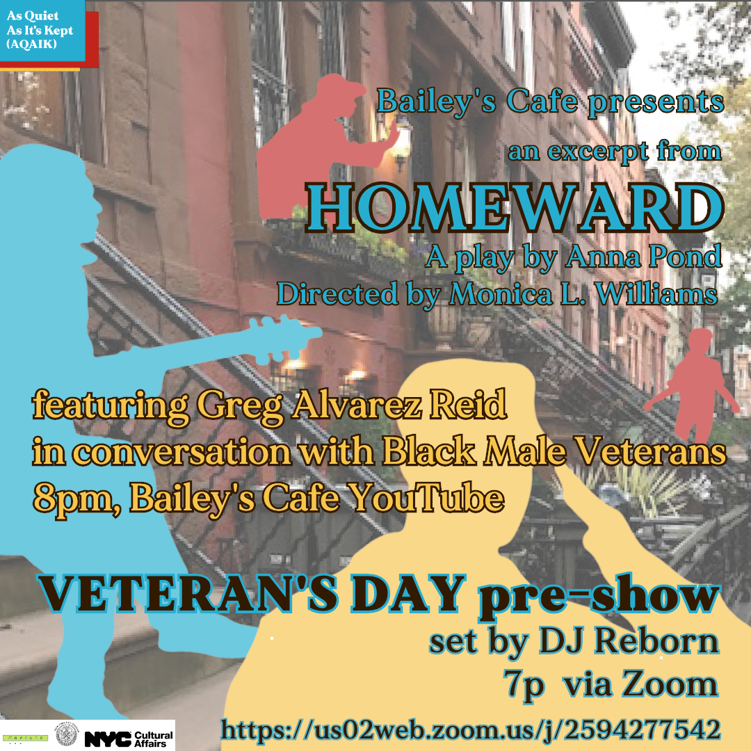 A flier showing illustrated red, yellow and blue figures in a neighborhood scene, with blue and yellow lettering announcing the Veteran's Day event for As Quiet As It's Kept.